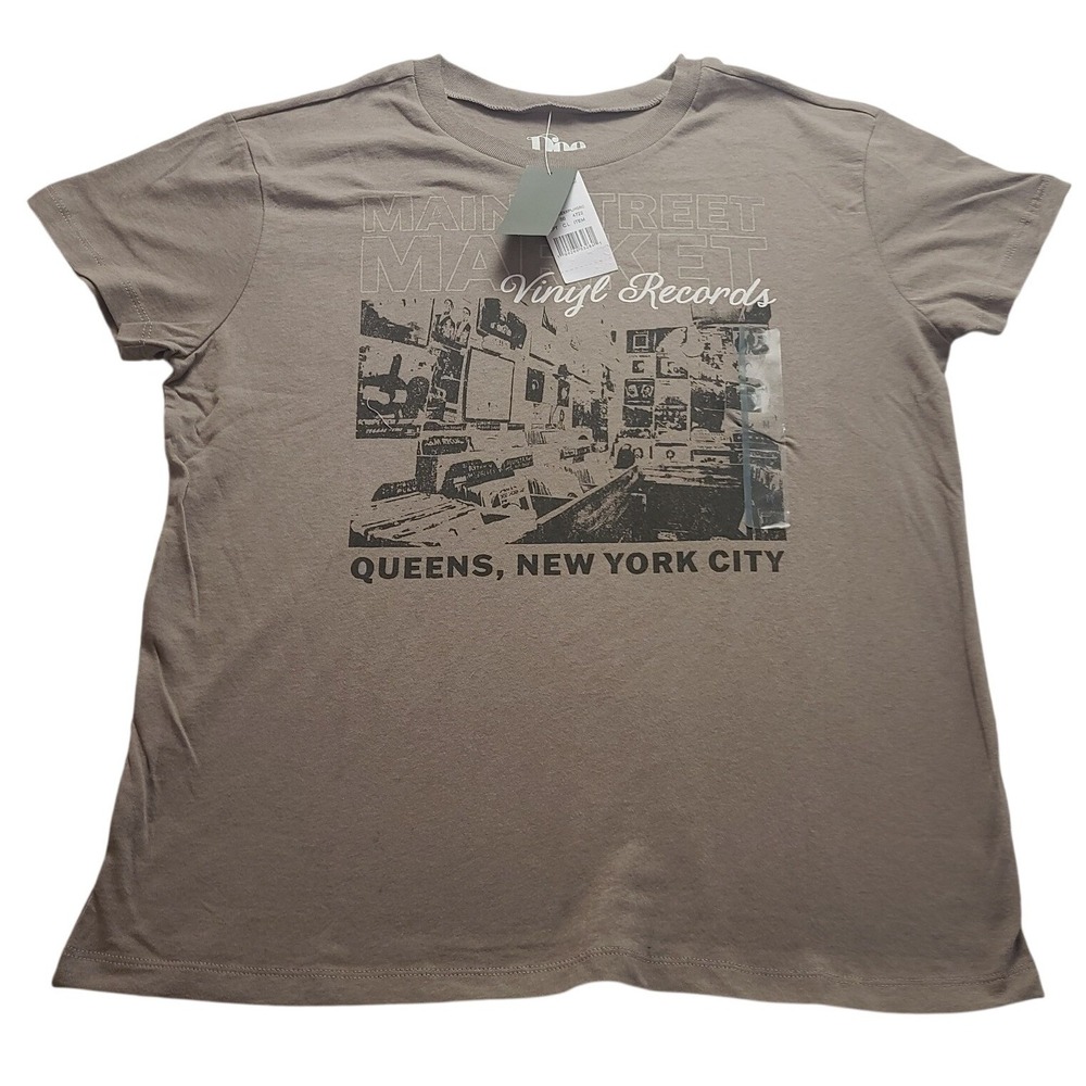 Doe Queens New York City Vinyl Records Graphic Tee Taupe Brown Men's Medium NEW